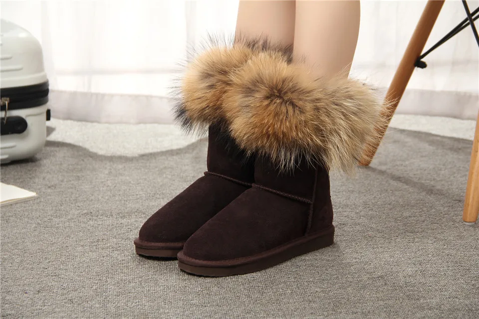 MBR FORCE Fashion Women's Natural Real fox Fur Snow Boots Genuine Cow Leather women Boots Female Warm Winter Boots Shoes