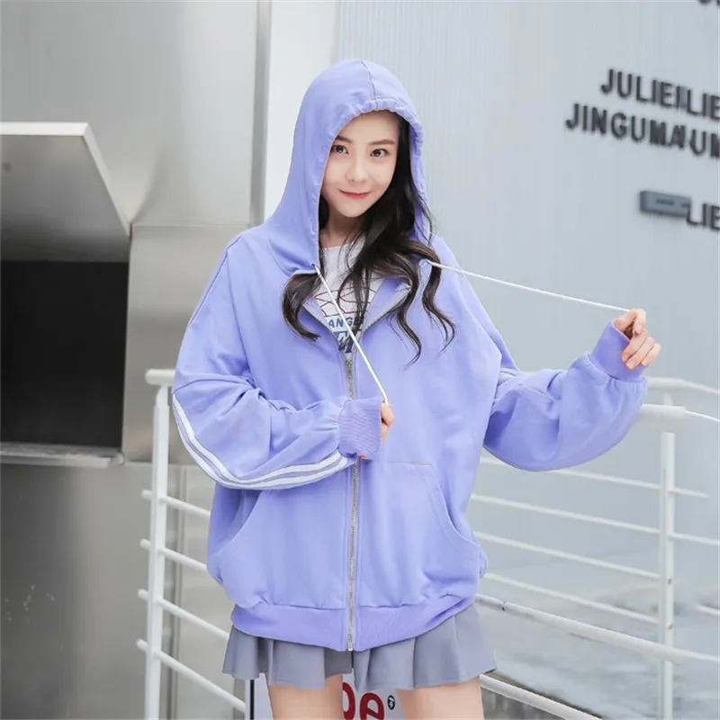 2019 Spring and Autumn New Women Sweatshirts Side Stripe Purple Hooded Female Loose Student bf Casual Zipper Jacket SY019 |