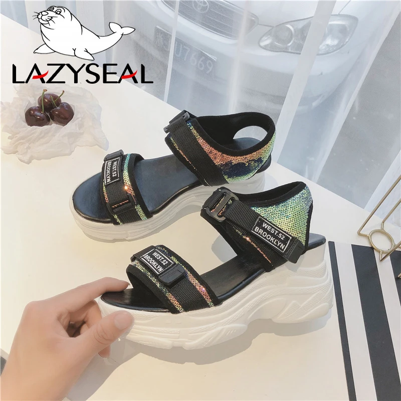 LazySeal; Новинка; босоножки на танкетке; женская обувь из блестящей ткани; Босоножки на платформе на застежке-липучке; обувь на толстой подошве; женская обувь; sandalias