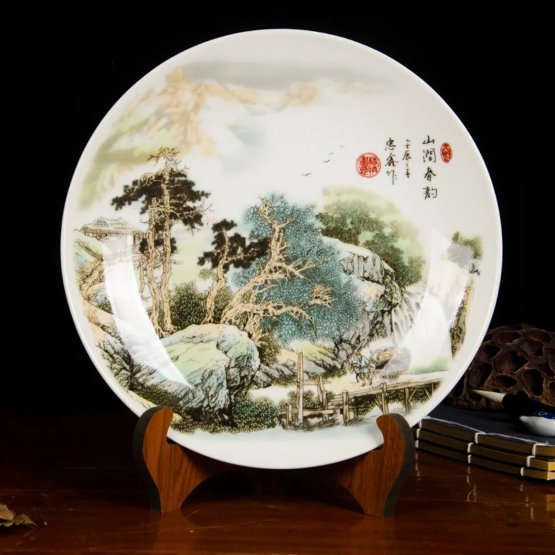 Jingdezhen Ceramic Porcelain Crafts Landscape Pattern Dinner Plates Desktop Ornaments Display Round Dish Office Home Decoration | Дом и сад