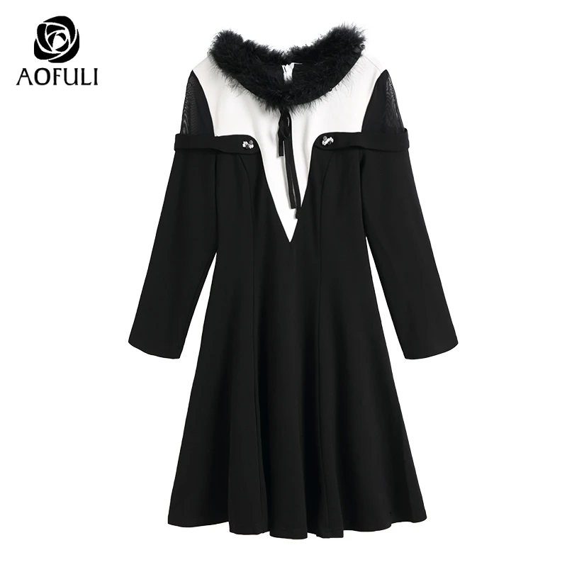 AOFULI S 5XL винтажное платье с меховым воротником и бантом из ленты цветное трапециевидной формы длиной 3/4