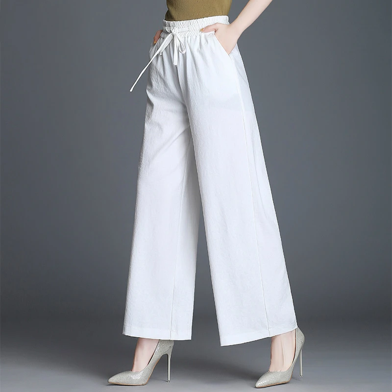 Брюки женские с эластичной завышенной талией белые черные бежевые льняные