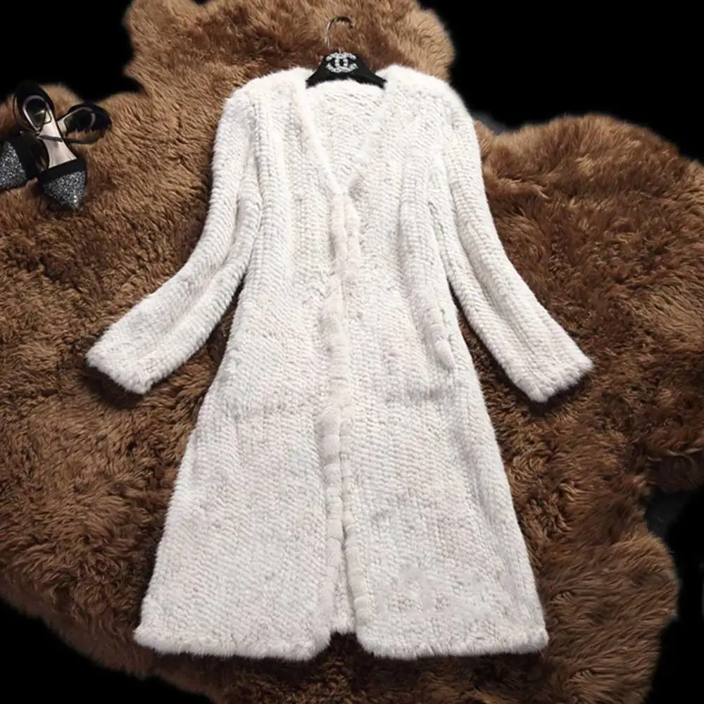 White Fur Story 16166 женское вязаное длинное пальто из меха норки пальто из натурального меха женский свободный размер Повседневный длинный кардиган из натурального меха - Цвет: White