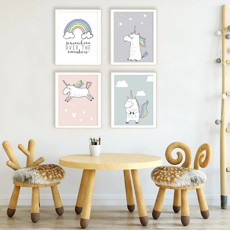 Единорог Холст плакат для девочек Детская Wall Art печати северных мультфильм