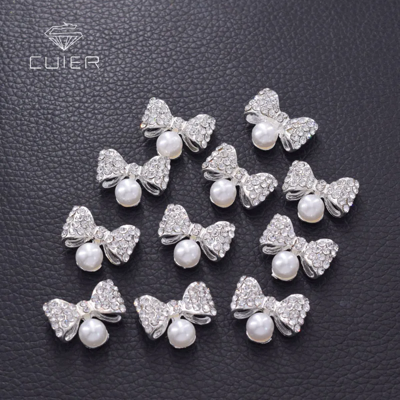 

50pcs/lot 18mm cute bowknot metal buttons for clothing crystal rhinestone pearl shank button sew on applique for shirt DIY