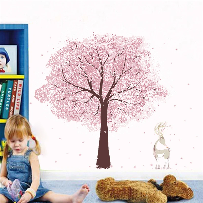 

Romantic pink flower tree deer wall stickers for kids rooms 60*90cm home decor cartoon wall decals diy poster pvc mural art