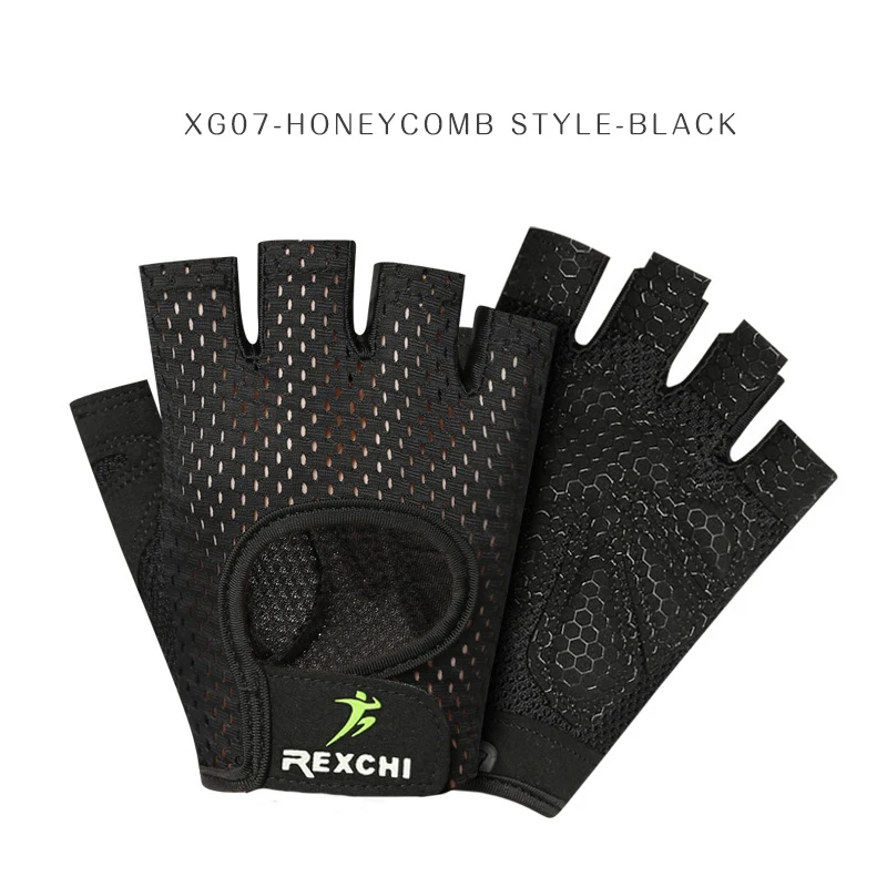 XG07 Honeycomb Black REXCHI Профессиональный тренажерный зал фитнес перчатки силовой тяжелой атлетики для женщин мужчин Кроссфит тренировки Бодибилдинг половина пальцев рука протектор - Цвет: XG07 Honeycomb Black