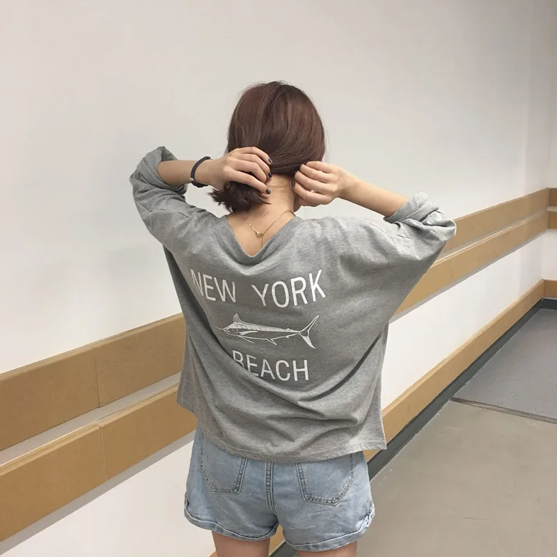 Camiseta Mujer, Новинка осени, Корейская футболка Ulzzang Harajuku с длинным рукавом и принтом акулы, свободная футболка с круглым вырезом для женщин, повседневные футболки