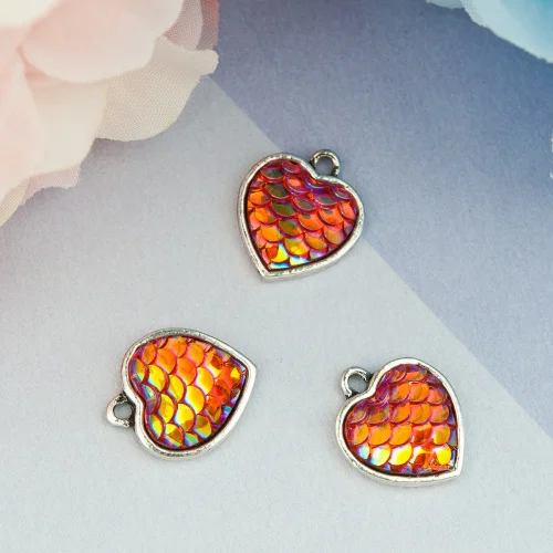 DoreenBeads, цинковый сплав, Русалка, рыбные весы, шармы, сердце, золотой тон, античный золотой цвет, разноцветные AB, около 16 мм x 14 мм(4/"), 10 шт - Окраска металла: 7