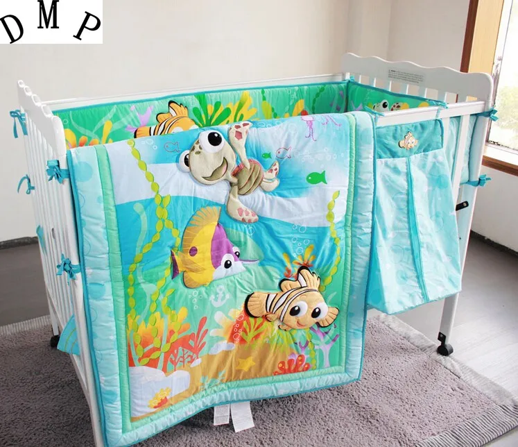 

7PCS Embroidery Ocean Baby Bedding Set Newborn Infant Cartoon Crib Bedding tour de lit bébé (4bumper+duvet+bed cover+bed skirt)
