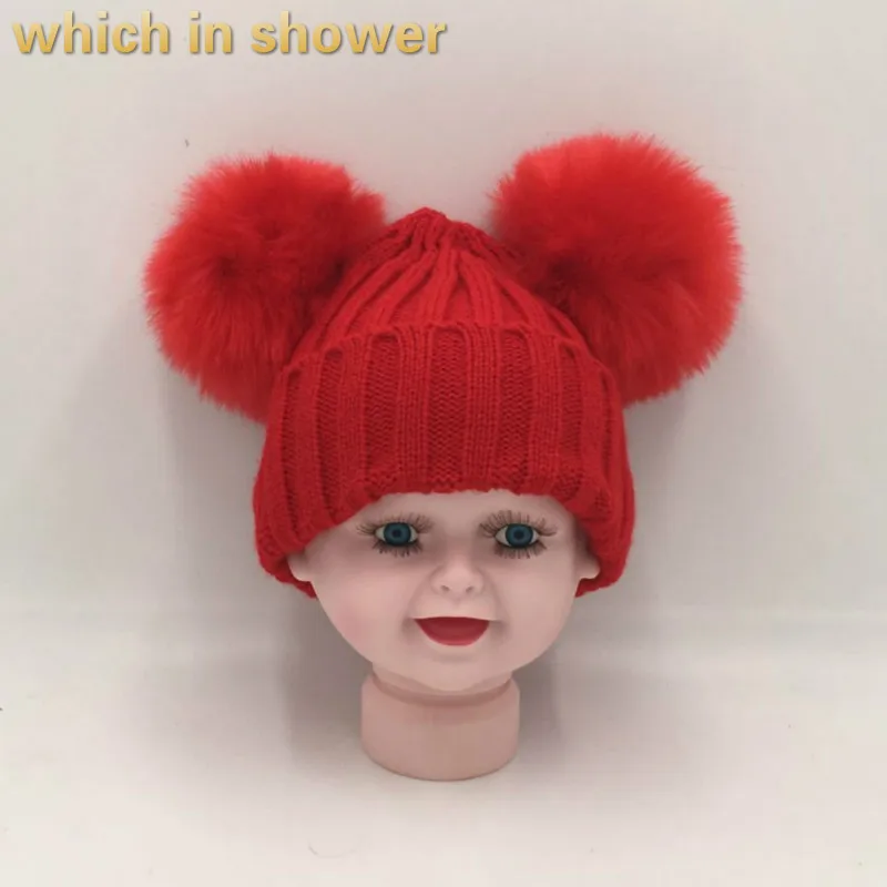 What in shower/Новые Зимние шапки для малышей с двумя помпонами Модная трикотажная