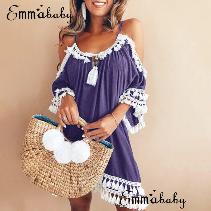 Женское летнее короткое платье без рукавов с бахромой вечернее пляжное