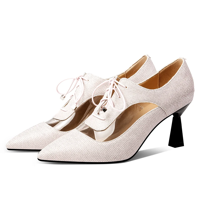 ISNOM Unusual Heels High Pumps Women Pointed Toe Lace Up Footwear Fashion Pvc Party Sequined Shoes Female Bling Shoes Woman