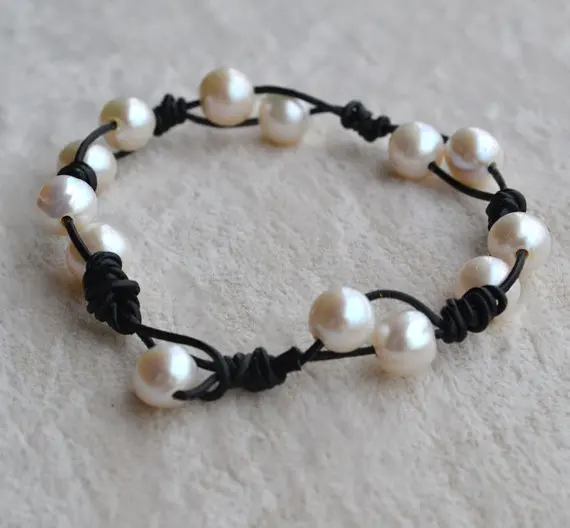 

Черный кожаный браслет с жемчугом, 7 дюймов AA 7-8 мм белый цвет пресноводного жемчуга браслет, ручная работа ювелирные изделия на день рождени...