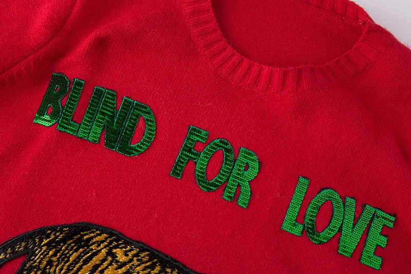 LUKAXSIKAX High Quality Letter Sequined Tiger Embroidery Runway Sweater 2018 New Autumn Winter Women Knitted Pullover | Женская одежда