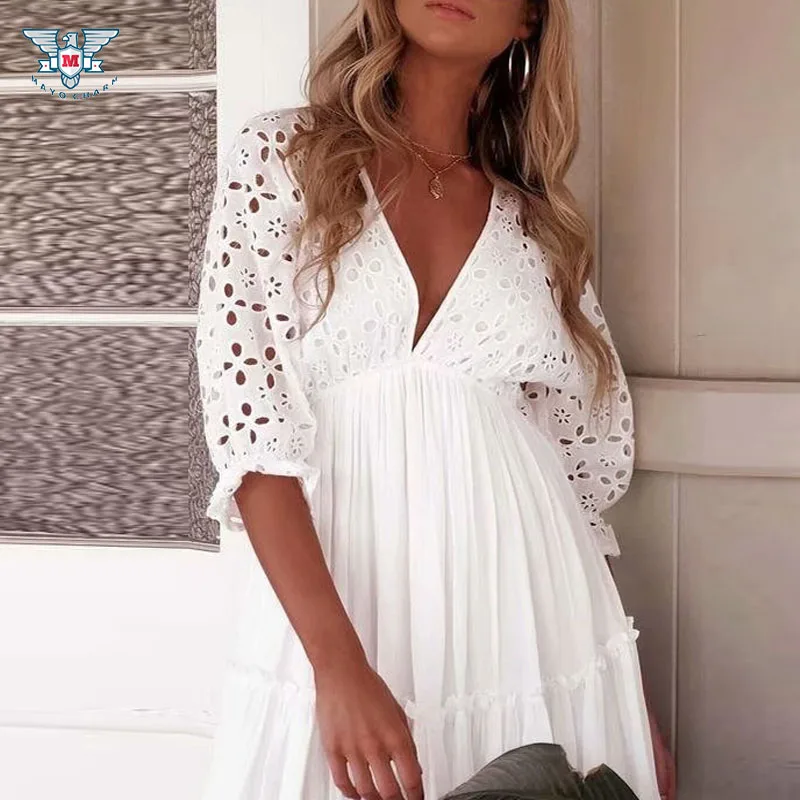 Женская туника платье пляжный летний сарафан Vestidos глубокий v образный вырез