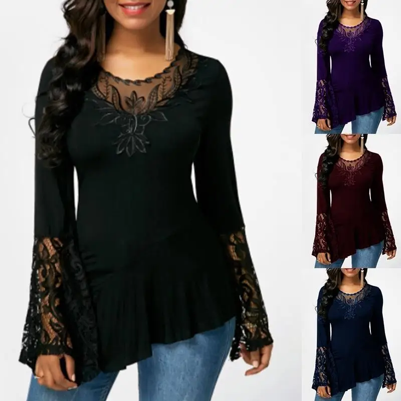 

Lace Blouses Flare Sleeve Shirts For Womens Tops Shirt Plus Size Blouses Irregular Patchwork Irregular 2019 Blusas 4xl 5xl