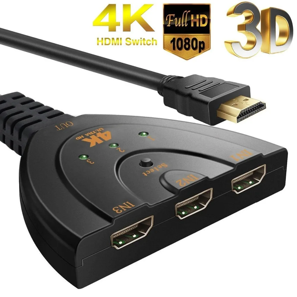 Позолоченный мини кабель с 3 USB портами 1080 B 4K * 2K P Коммутатор HDMI в 1 хаб для HDTV Xbox PS3