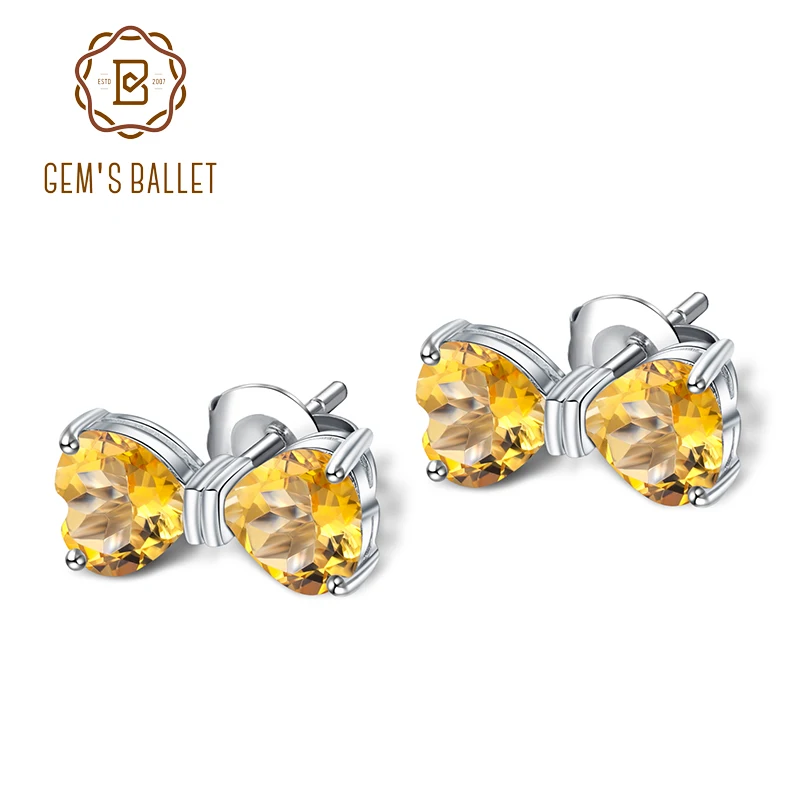 GEM'S BALLET 925 Sterling Silver Bow-knot Stud Earrings 3.13Ct Natural Heart Citrine Gemstone for Women Fine Jewelry | Украшения и