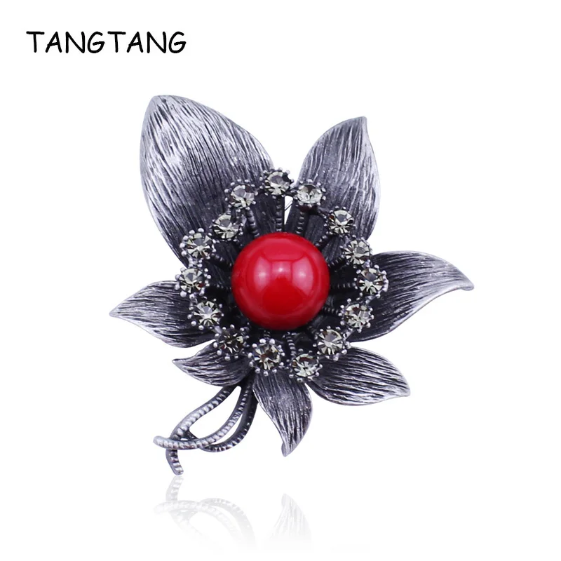 Брошь и булавка в ретро стиле с натуральным красным камнем черным цветком для