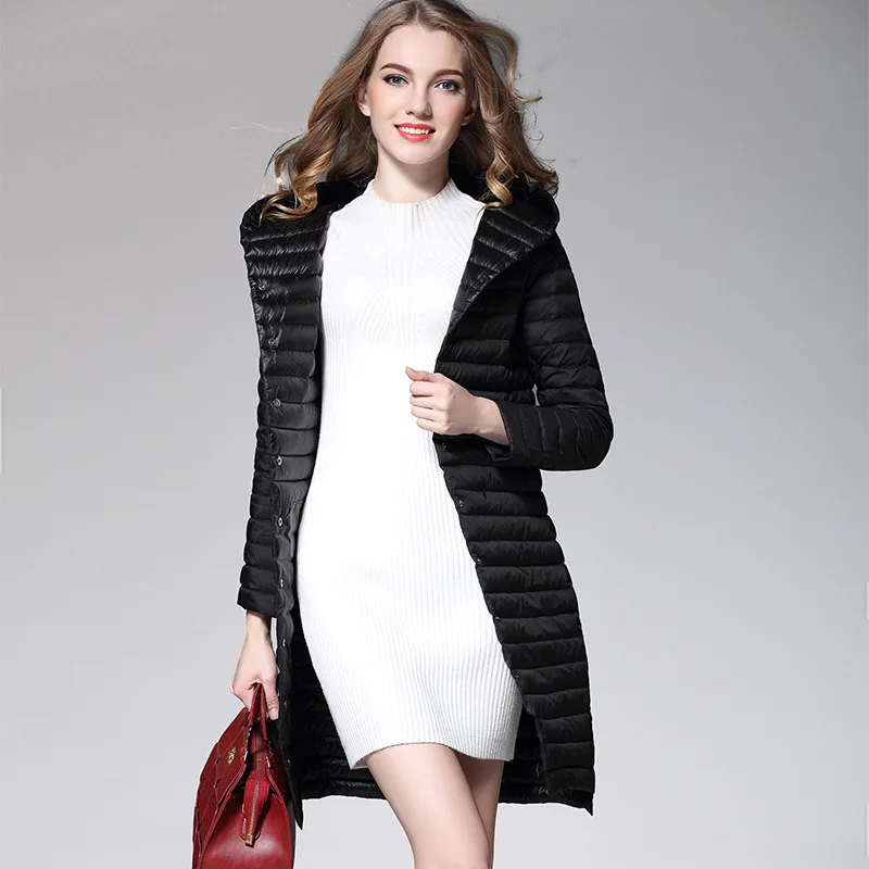 2017 новый зимний ультра легкий пуховик женский тонкий средней длины с капюшоном