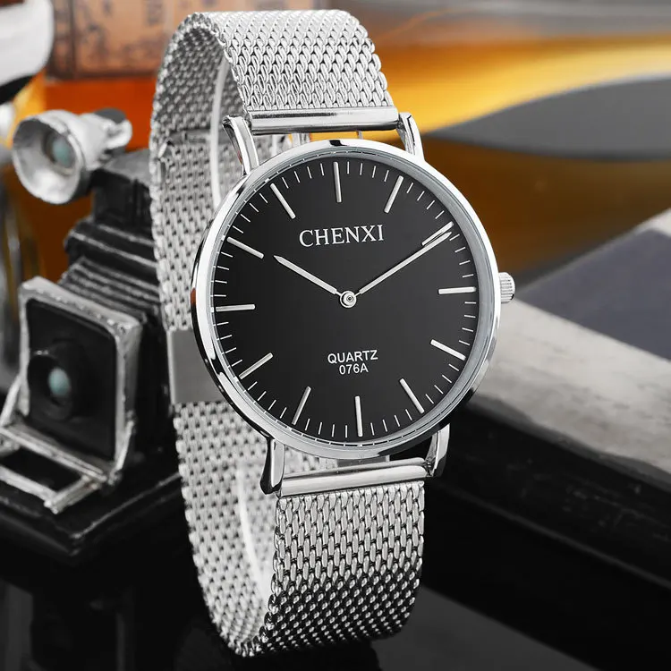 Мужские кварцевые часы CHENXI из нержавеющей стали с сетчатым ремешком Серебристые