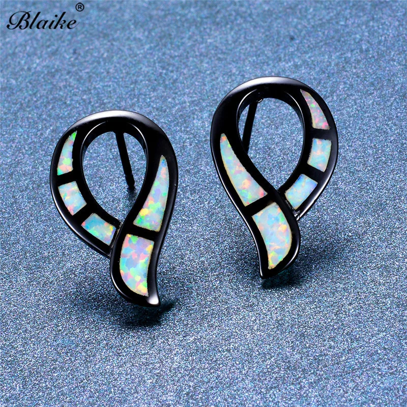 Blaike черные серьги гвоздики с голубым/белым огненным опалом радужным камнем по