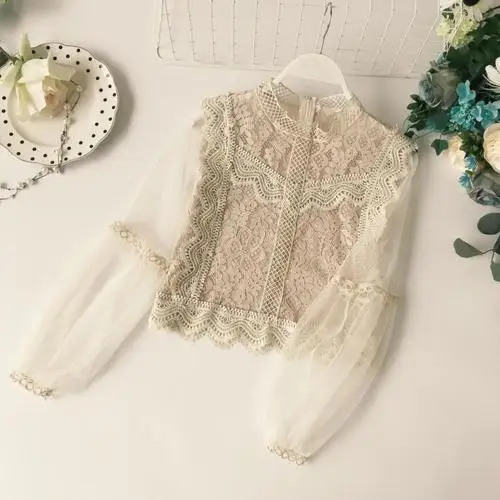 apricot Новое поступление, женский короткий пуловер в стиле ретро с кружевными крючками и рукавами-фонариками, блузка, рубашки для женщин, модные милые костюмы из вуали - Цвет: apricot