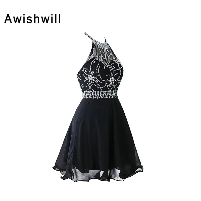 Женское шифоновое короткое платье с открытой спиной без рукавов|prom dress black|prom