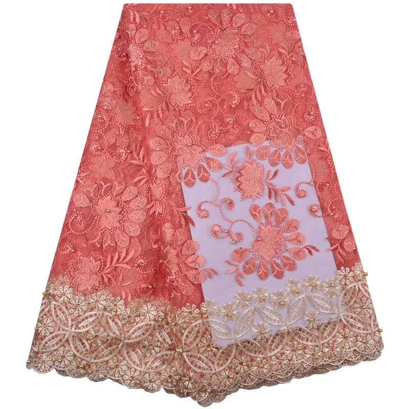

New Design Peach African Tulle Mesh Lace 2019 French Net Stones Lace Fabric For Wedding Embroidery African Voile Lace Fabric1338