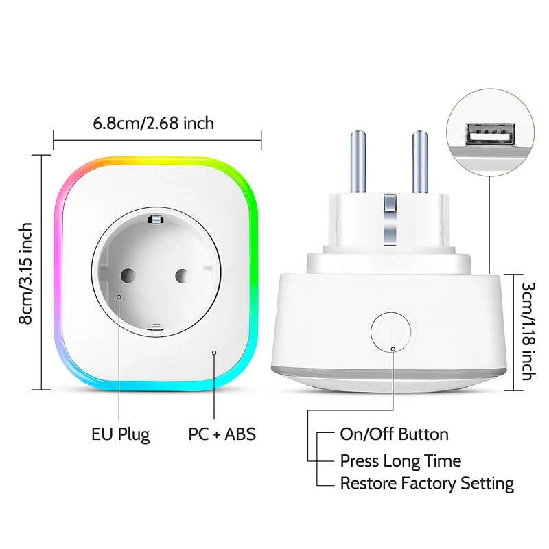 AVATTO ЕС RGBW wifi умная вилка с 1 usb зарядным портом, Беспроводная розетка умная розетка с Google Home, голосовое управление Alexa