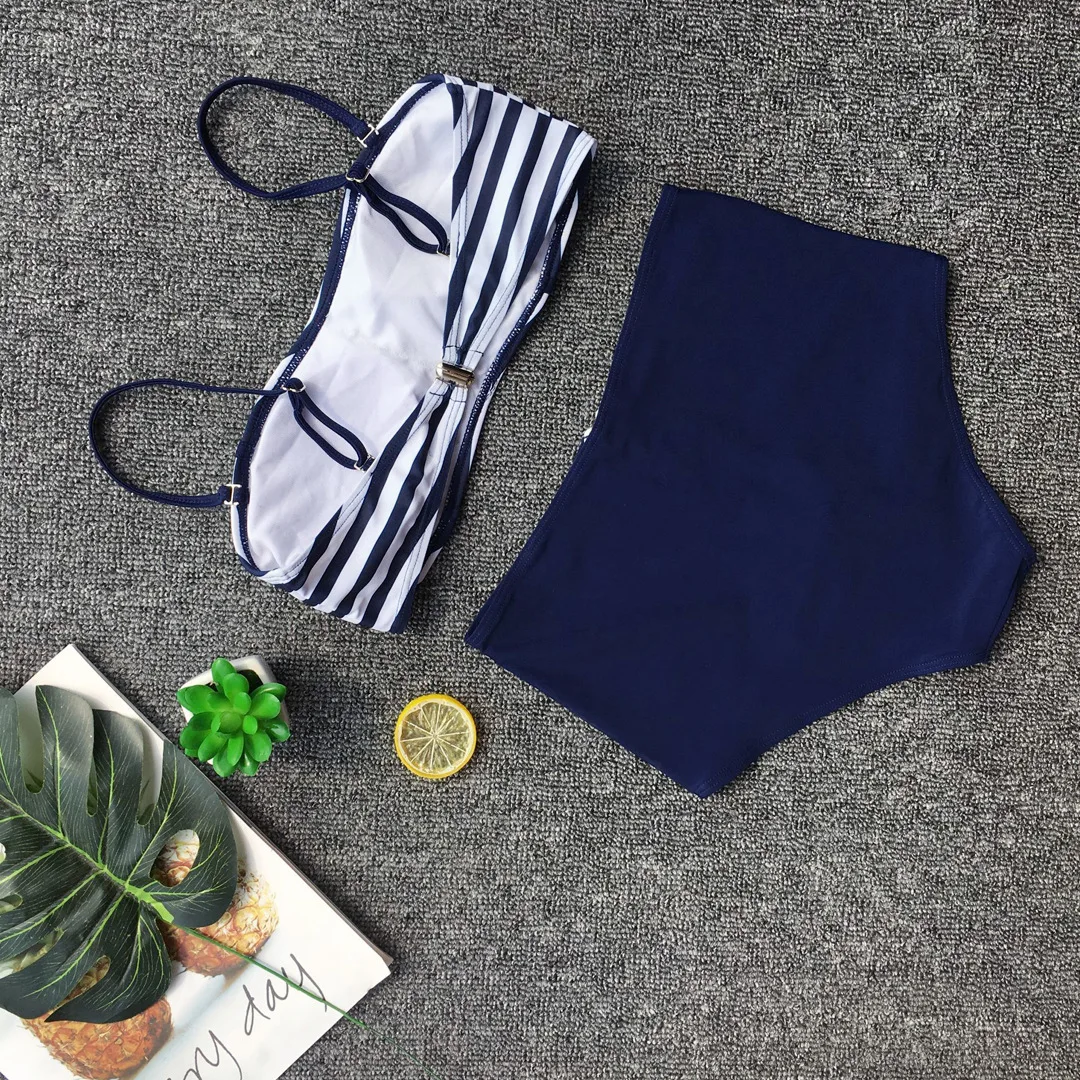 New Push up Striped Women Two Piece Bath Wear Set Sexy Adjustable Strap Padded Female Tops and Zipper Up Shorts Bathing Suits | Женская