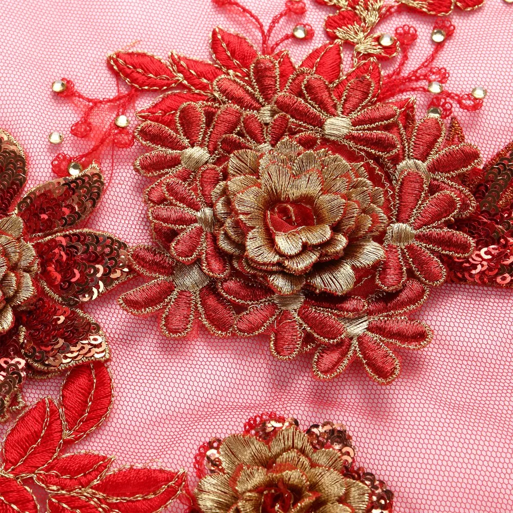 Большие блестки Пион Цветочные бисером кружева аппликация Rhineston костюм кружевной отделкой Вышитые свадебное платье Швейные кружевные мотивы золотой красный