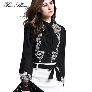 Новые модные женские топы с вышивкой, прозрачные цветочные рукава-фонарики, черная блузка, Женская рабочая одежда, Офисная шифоновая блузка