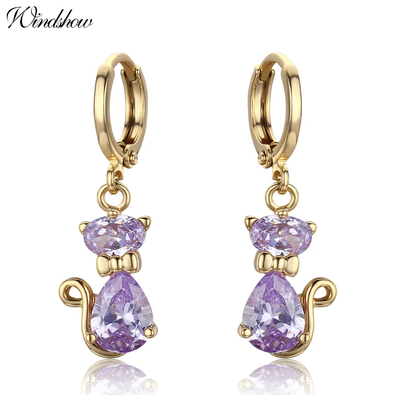 light purple 5 цветов милый котенок кошки Гатос проложить AAA круглый фианит петли Висячие серьги для женщин девочек Дети желтое золото цвет ювелирные изделия Aros - Окраска металла: light purple