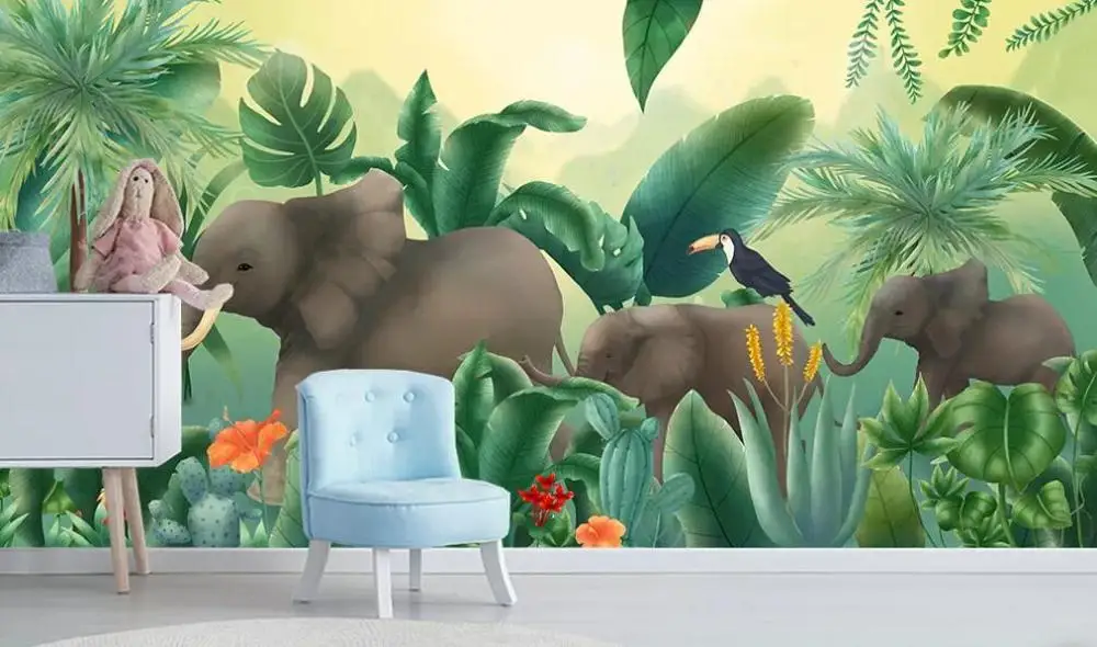 

Customized large-scale 3D mural of Nordic tropical plant coconut tree animal elephant landscape TV background wall paper mural