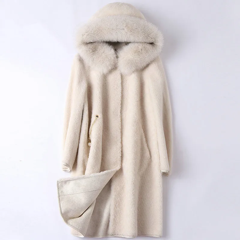 Женское пальто из натурального меха шерстяное с воротником Лисьего зимняя