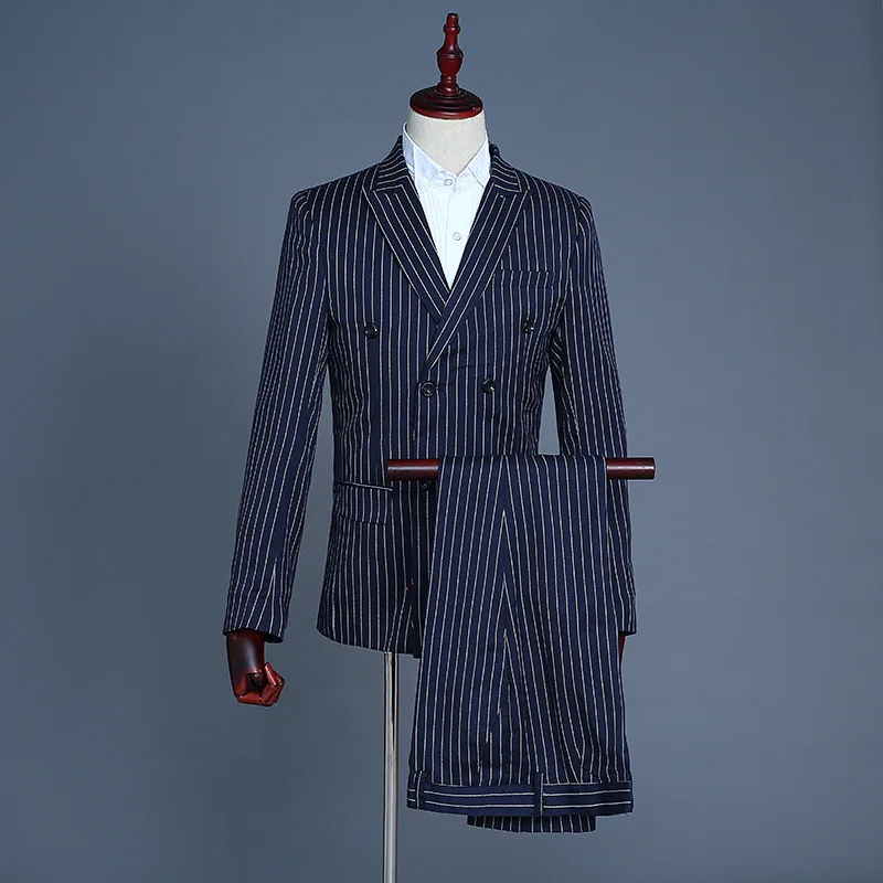 

Классический полосатый двубортный костюм для мужчин 2021 бренда Slim Fit для свадьбы и выпускного, набор одежды из 3 предметов (пиджак + жилет + шта...