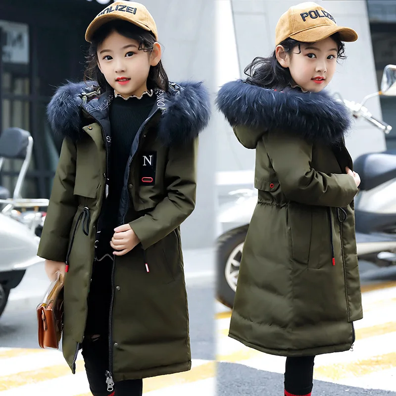 Зимнее длинное пуховое пальто с мехом енота для девочек подростков комбинезон