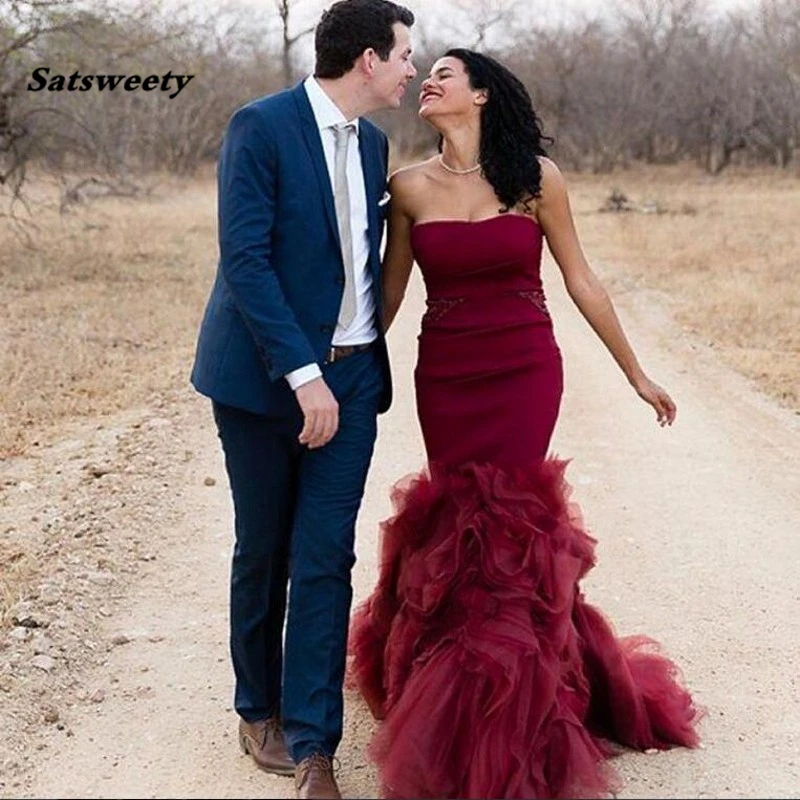 

Burgundy Formal Prom Dresses Floor Length Organza Strapless Sexy Off Shoulder robe de soiree abiye Evening Gowns