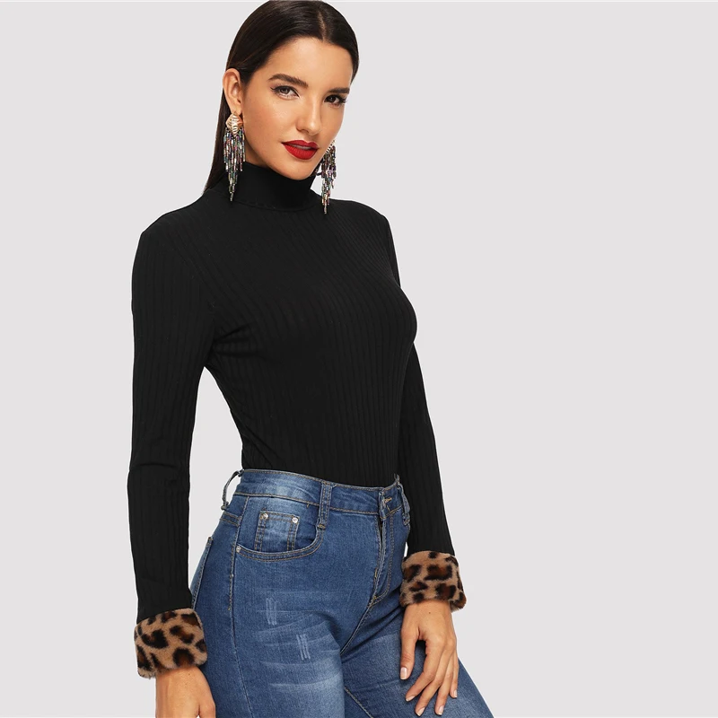SHEIN Облегающий Джемпер С Леопардовыми Манжетами, Джемпер С Контрастными Вставками и Длинным Рукавом