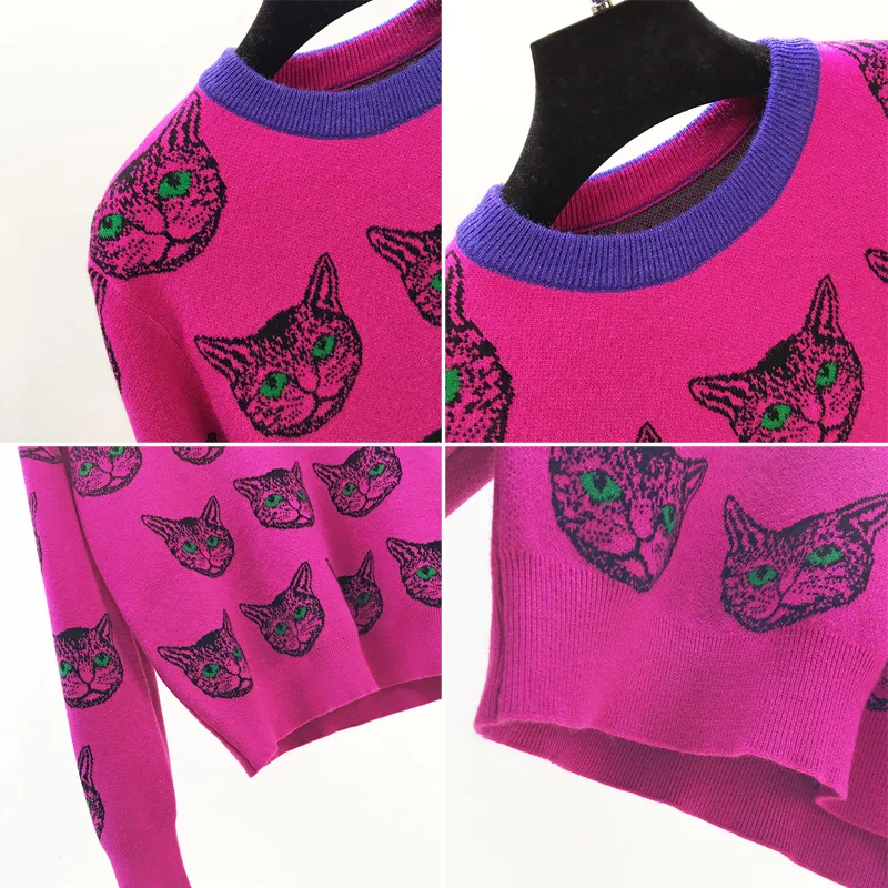 Свитер C-192 женский с мультяшным котом жаккардовый | Женская одежда