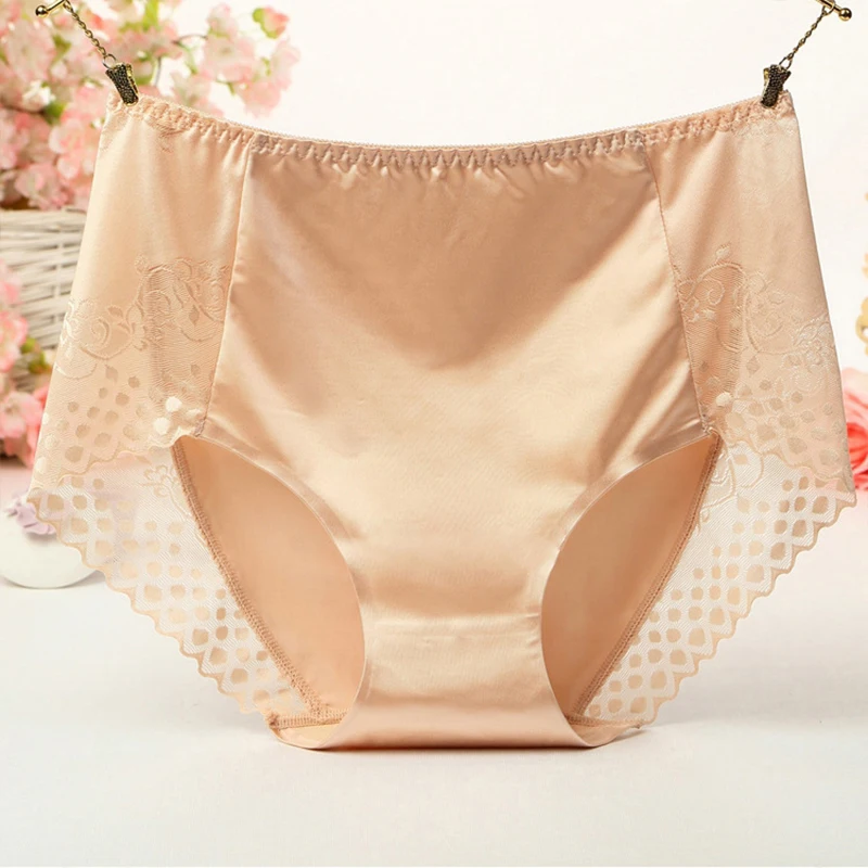 Skin Женские трусики с высокой талией большого размера, женское нижнее белье большого размера, трусы бесследного размера плюс, тонкие атласные сексуальные кружевные женские трусики - Цвет: Skin