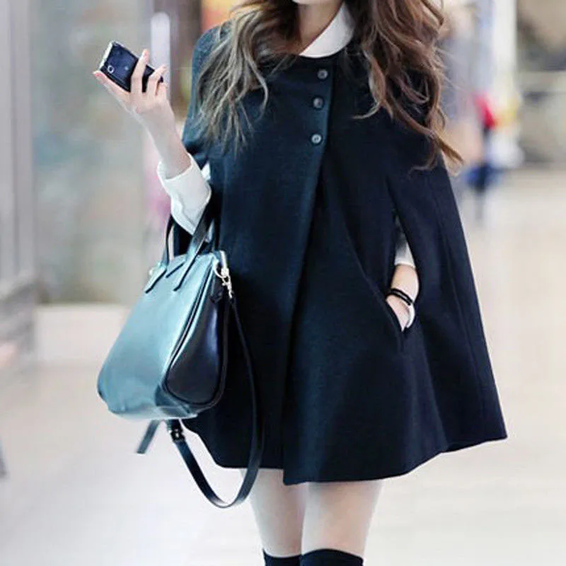 Женское свободное шерстяное пончо летучая мышь зимнее теплое пальто куртка