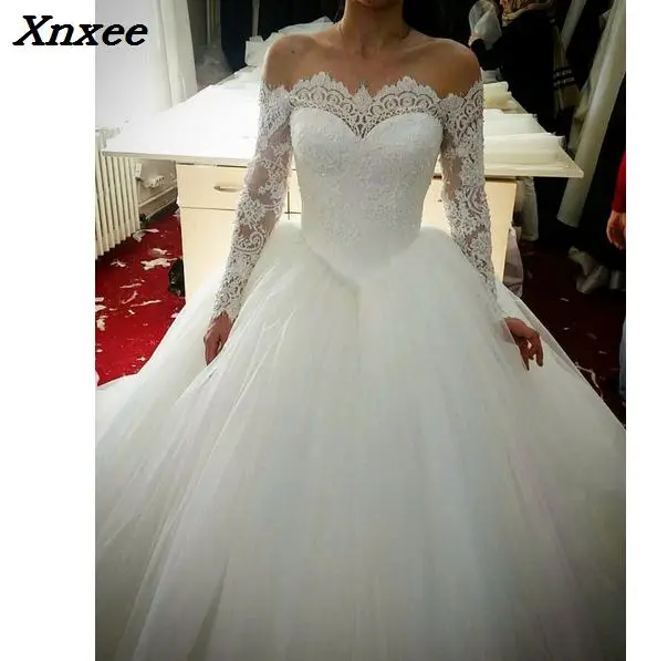 Robe de mariee, винтажное кружевное платье для свадьбы, с открытыми плечами, с длинным рукавом, принцесса, свадебные платья, шлейф, vestidos Xnxee