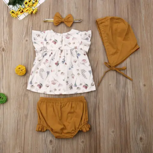 

4PCS Summer Newborn Kids Baby Girls Floral Top T-shirt Pants Hat Outfit Clothes