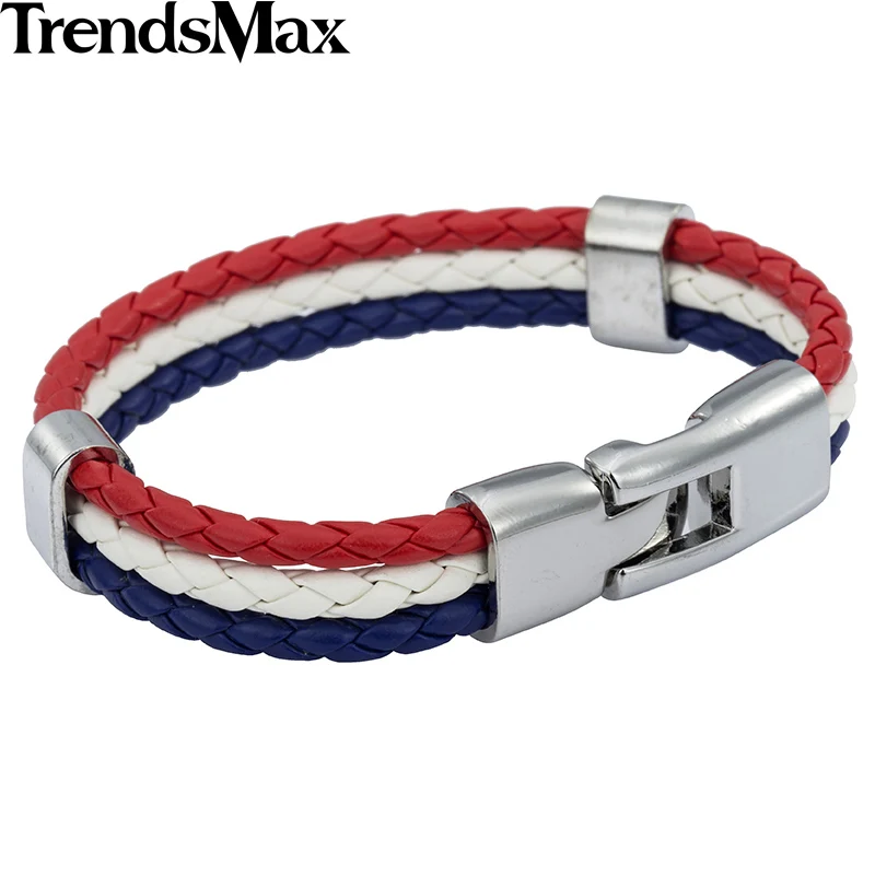 Trendsmax, мужской кожаный браслет, 3 нити, Национальный флаг, веревка, цепь, кожаные браслеты для мужчин,, модные ювелирные изделия, подарки KLBW18 - Окраска металла: LB138 France