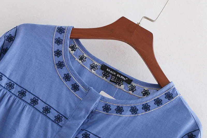VOGUEIN New Womens Fashion Casual Embroidered Blue Long Sleeve Blouse Tops Shirt Wholesale | Женская одежда