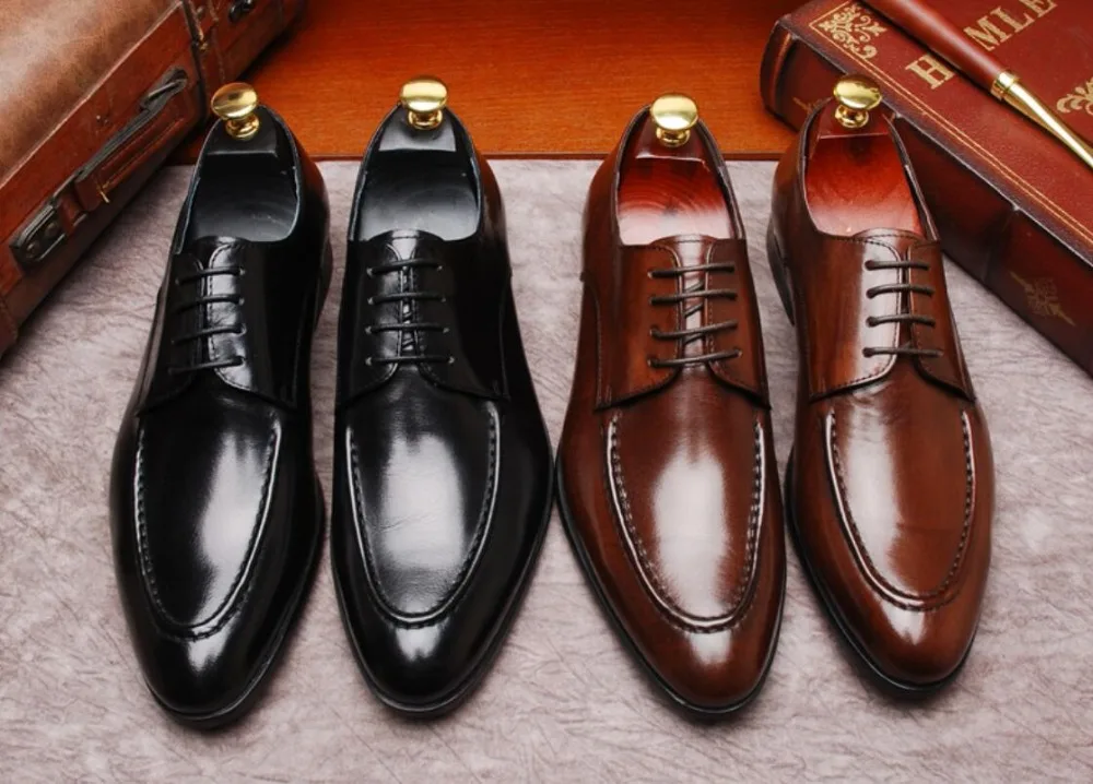 

Fashion Mens Spring Leather Shoes For Men 2018 Black Genuine Leather Dress Oxfords Shoes Lace up mens wedding oxfords shoes