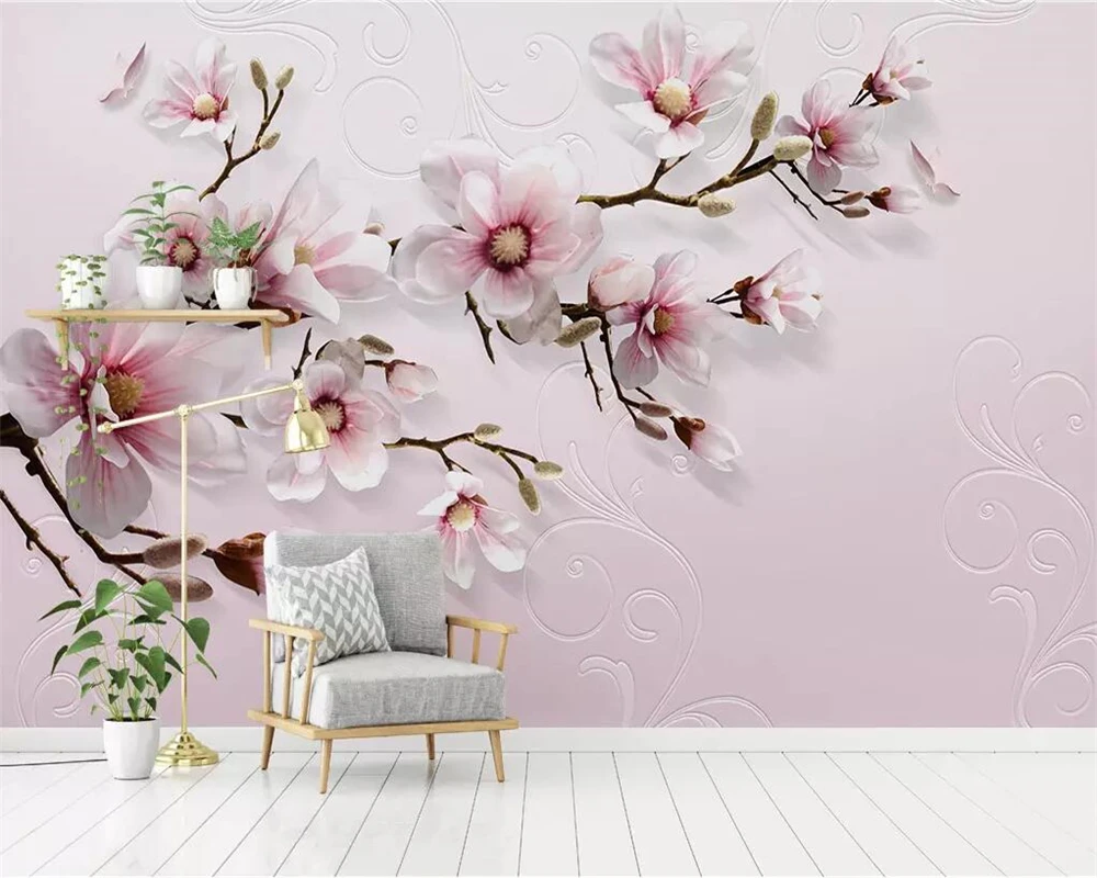 

Beibehang Modern minimalist 3d wallpaper hand-painted stereo lily pink TV background wall living room bedroom mural 3d wallpaper